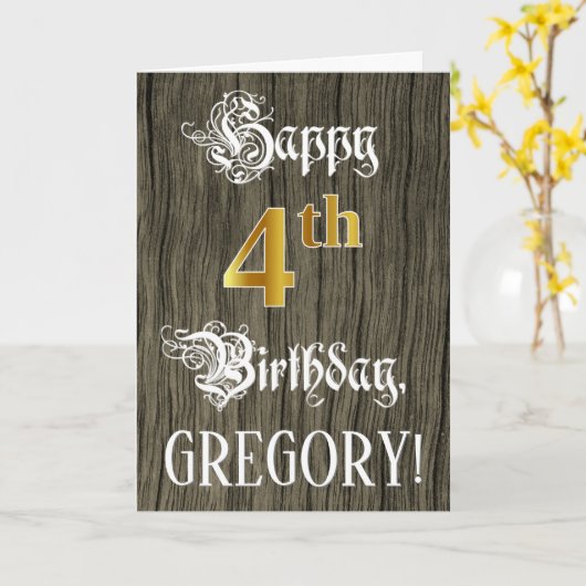 4e verjaardag: Nep goud uiterlijk + Nep houtpatroo Kaart (Gele Bloem)