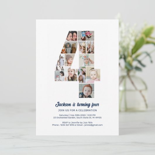 4e verjaardag nummer 4 aangepaste fotocollage kaart (Staand voorkant)