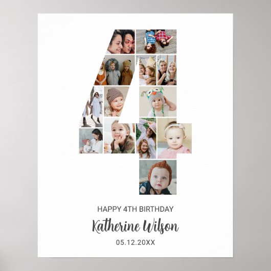 4e Verjaardag Nummer 4 Fotocollage Aangepast Afbee Poster (Voorkant)