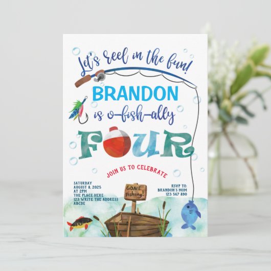 4e verjaardag O-vis-ally Kleine visser vissen Kaart (Staand voorkant)