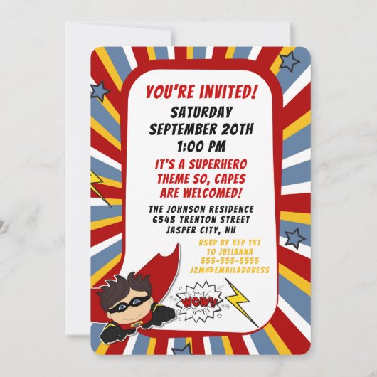 4e verjaardag Party Superhero Red Comic voor jonge Kaart (Achterkant)