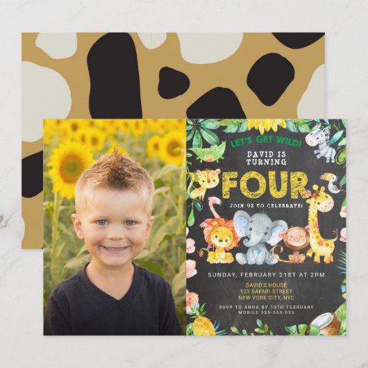 4e Verjaardag Party Zoo Oerwoud Animals Boy Foto Kaart (Voorkant / Achterkant)