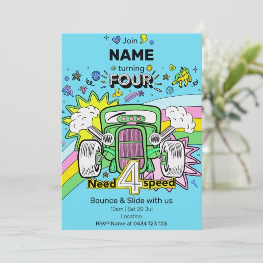 4e Verjaardag Rainbow Hot Rod Need 4 Speed Invite Kaart (Staand voorkant)