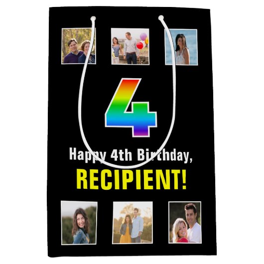 4e verjaardag: Regenboog "4", aangepaste foto's &  Medium Cadeauzakje (Voorkant)