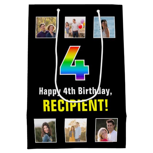 4e verjaardag: Regenboog "4", aangepaste foto's &  Medium Cadeauzakje (Achterkant)