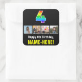 4e verjaardag: Regenboog "4"; Aangepaste foto's &  Vierkante Sticker (Tas)