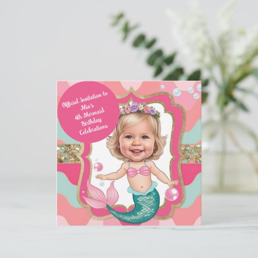 4e Verjaardag Roze en Blauwgroen Zeemeermin Karika Kaart (Staand voorkant)