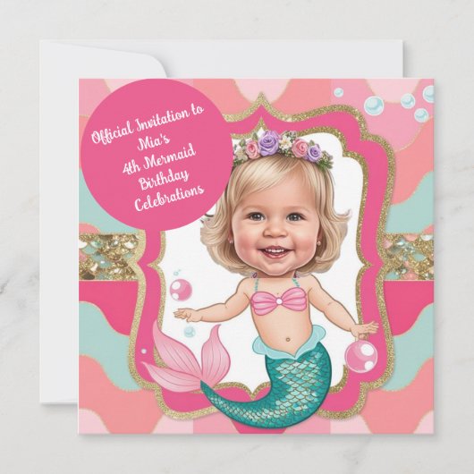 4e Verjaardag Roze en Blauwgroen Zeemeermin Karika Kaart (Voorkant)
