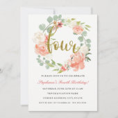 4e verjaardag roze goud bloemenkrans uitnodiging (Voorkant)