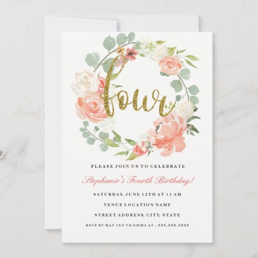 4e verjaardag roze goud bloemenkrans uitnodiging (Voorkant)