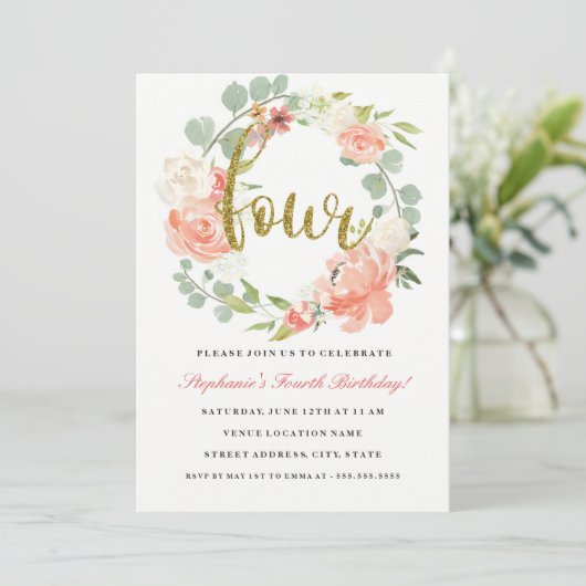4e verjaardag roze goud bloemenkrans uitnodiging (Staand voorkant)