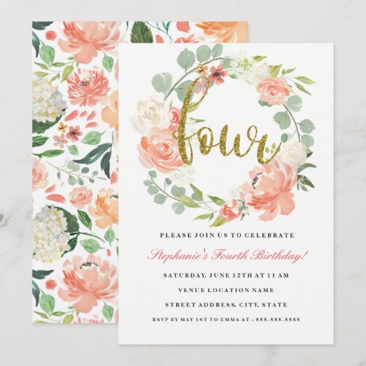 4e verjaardag roze goud bloemenkrans uitnodiging (Voorkant / Achterkant)