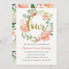 4e verjaardag roze goud bloemenkrans uitnodiging
