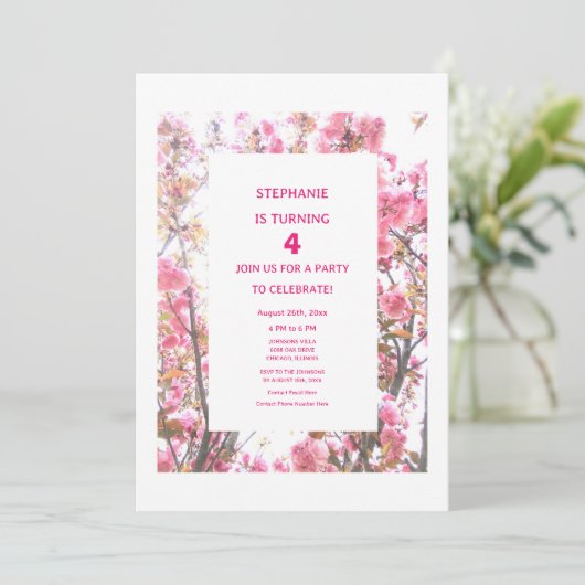 4e verjaardag roze kersen bloemig vierde aangepast kaart (Staand voorkant)