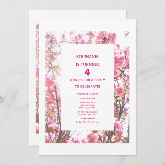4e verjaardag roze kersen bloemig vierde aangepast kaart (Voorkant / Achterkant)