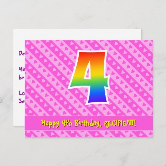 4e verjaardag: Roze strepen & harten, Regenboog 4 Briefkaart (Voorkant / Achterkant)