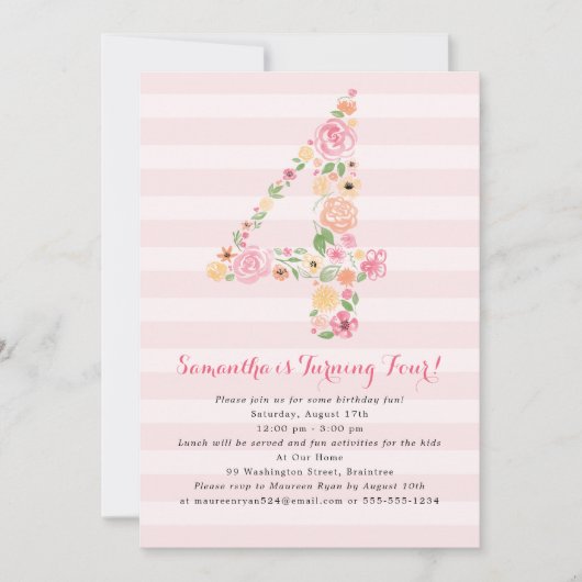 4e Verjaardag Roze Waterverf Bloemen in Nummer 4 Kaart (Voorkant)