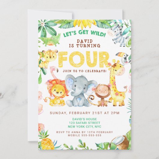 4e Verjaardag Safari Animals Oerwoud Theme Zoo VIE Kaart (Voorkant)