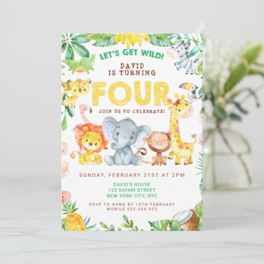 4e Verjaardag Safari Animals Oerwoud Theme Zoo VIE Kaart (Staand voorkant)
