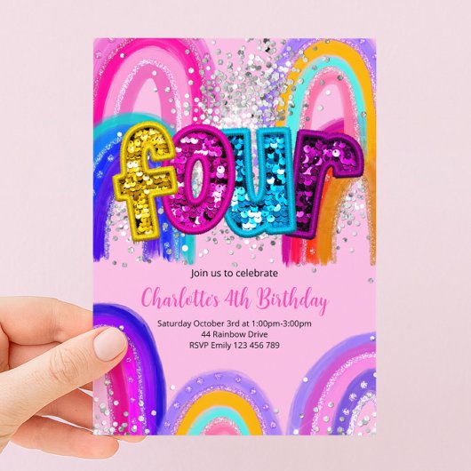 4e Verjaardag Sequins Regenboog Feest Uitnodiging