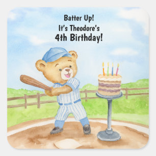 4e verjaardag Tee Ball Teddybeer honkbal Vierkante Sticker