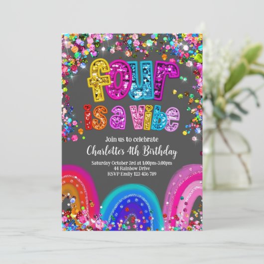 4e Verjaardag Uitnodiging Glitter Sequin Rainbow (Staand voorkant)