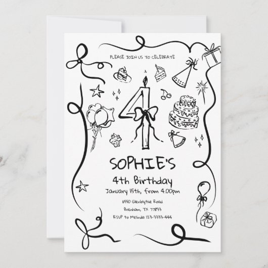 4e verjaardag uitnodiging, met de hand getekend 4e kaart (Voorkant)