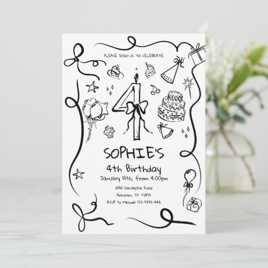 4e verjaardag uitnodiging, met de hand getekend 4e kaart (Staand voorkant)