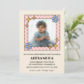 4e verjaardag uitnodiging Retro Groovy Blue Floral (Staand voorkant)