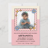 4e verjaardag uitnodiging Retro Groovy Pink Flower (Voorkant)