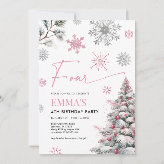 4e verjaardag uitnodiging, roze winter 4e verjaard kaart (Voorkant)