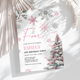 4e verjaardag uitnodiging, roze winter 4e verjaard kaart