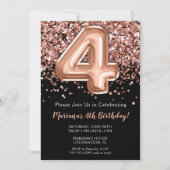 4e verjaardag Uitnodiging zwart Roos Gold Glitter (Voorkant)