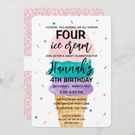 4e verjaardag van de uitnodiging van de meisjespar (Voorkant / Achterkant)