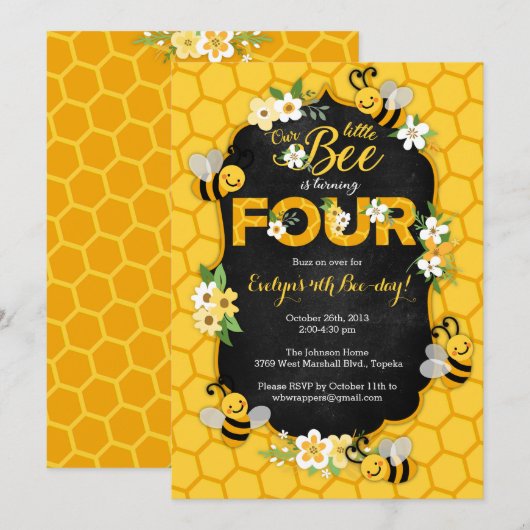 4e verjaardag van de uitnodiging van de partij Bee (Voorkant / Achterkant)