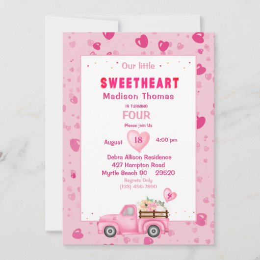 4e verjaardag van de uitnodiging van de roze vrach (Voorkant)