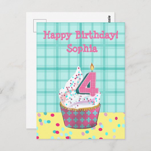 4e verjaardag van het kaarsje | Roze Turquoise Fol Briefkaart (Voorkant / Achterkant)