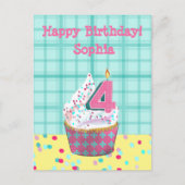 4e verjaardag van het kaarsje | Roze Turquoise Fol Briefkaart (Voorkant)