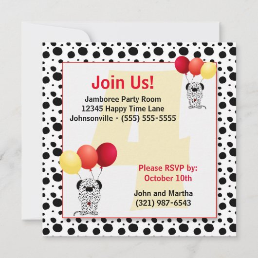 4e verjaardag van kind Rood en Geel Dalmatiër Kaart (Achterkant)