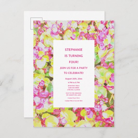 4e verjaardag vierde aangepaste leeftijd groen roz uitnodiging briefkaart (Voorkant / Achterkant)