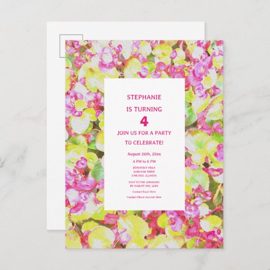 4e verjaardag vierde bloemgroen roze aangepaste le uitnodiging briefkaart (Voorkant / Achterkant)