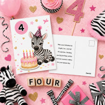 4e verjaardag voor meisjes Zoete zebra ansichtkaar