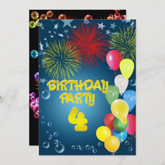 4e verjaardagsfeest Uitnodiging met ballonnen (Voorkant / Achterkant)