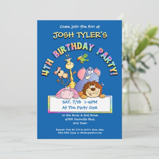 4e verjaardagsfeest Voeg een foto toe Dierenuitnod Kaart (Staand voorkant)