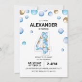 4e verjaardagsfeestje, blauwe en gouden ballon jon kaart (Voorkant)