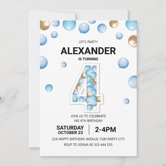4e verjaardagsfeestje, blauwe en gouden ballon jon kaart (Voorkant)