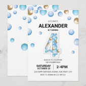 4e verjaardagsfeestje, blauwe en gouden ballon jon kaart (Voorkant / Achterkant)