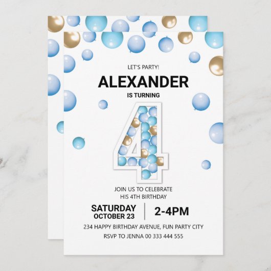 4e verjaardagsfeestje, blauwe en gouden ballon jon kaart (Voorkant / Achterkant)