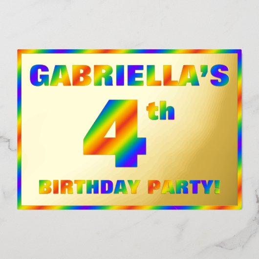 4e verjaardagsfeestje — Leuk, Rainbow Spectrum "4" Folie Uitnodiging (Voorkant)