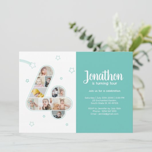 4e verjaardagsfeestje nummer 4 aangepaste fotocoll kaart (Staand voorkant)